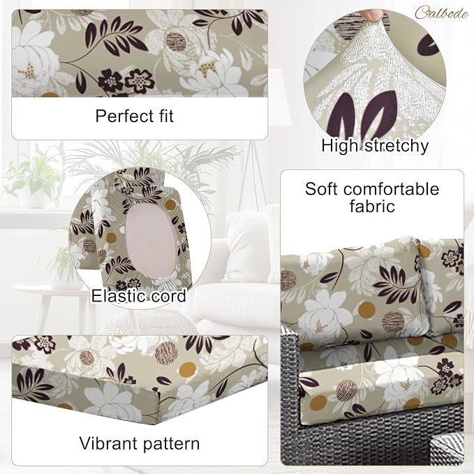 CALBODE 12 Pcs Waterproof Patio Cushion Covers, Floral Printed Stretch Outdoor - Image 3