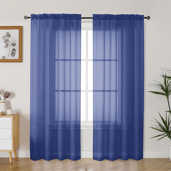 Gwine Royal Blue Sheer Curtains 90 Inches Long 2 Panels Set, Light Filtering by Gwine