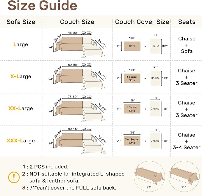 2 Pieces Sectional Couch Covers L Shaped Cover L Cream White | Thick Washable - Image 2