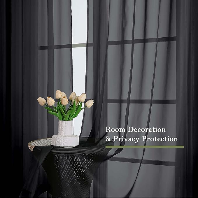 Black Sheer Curtains 90 Inches Long 2 Panels, Light Filtering Privacy Voile - Image 6
