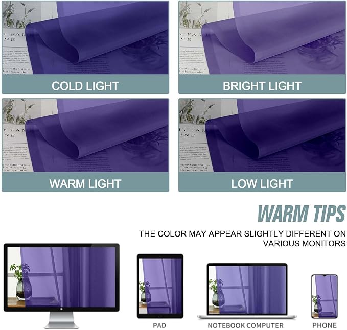 Purple Small Sheer Curtains 2 Panels Set, Kitchen Curtains 36 Inch Length - Image 7