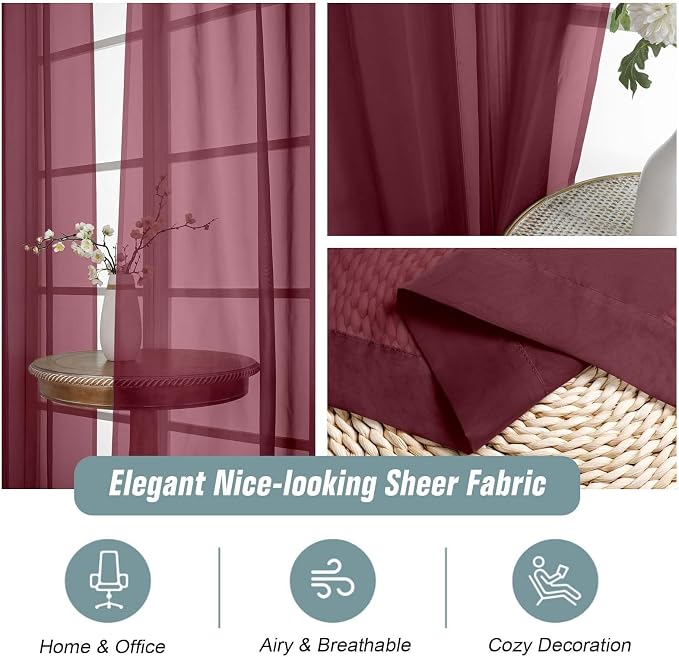 Burgundy Sheer Curtains for Windows 108 inches Long 2 Panels Set, Soft - Image 4