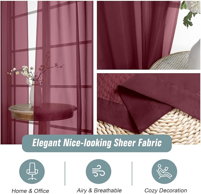 Burgundy Window Sheer Curtains 45 Inches Length, Voile Short Curtains - Image 4