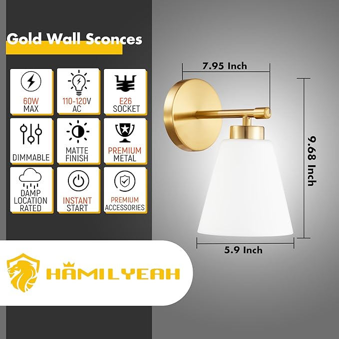 Hamilyeah Gold Sconces Wall Lighting Set of Two with Frosted Glass Shade, Industrial Bathroom Lighting Fixture with Milk Shade, Modern Brass Vanity Sconce Lighting for Bedroom, Living Room