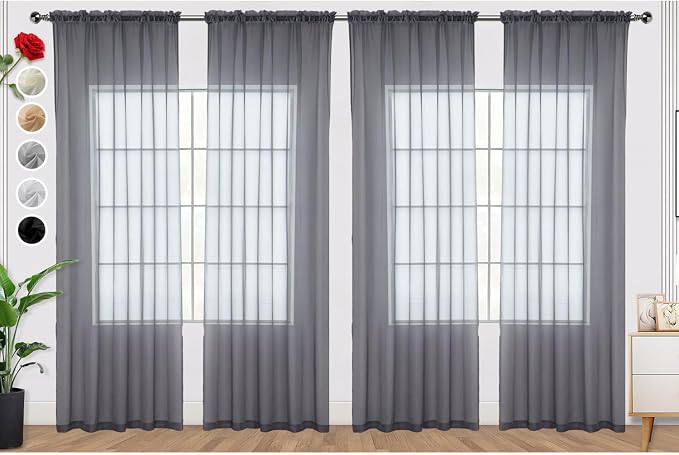 SpaceDresser Grey Sheer Curtains 4 Panels Rod Pocket Semi-Sheer Curtain 90 by SpaceDresser