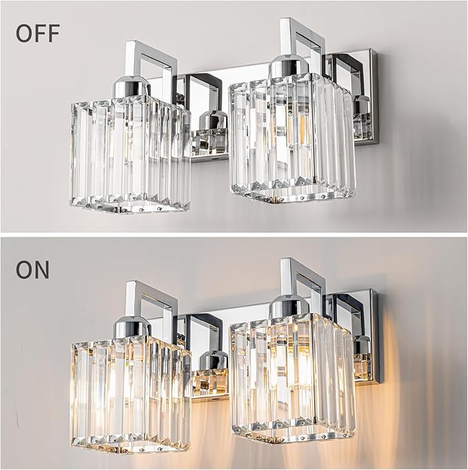 Modern Bathroom Vanity Light 2-Lights Chrome Crystal Wall Lamp Bathroom Modern Crystal Vanity Lighting