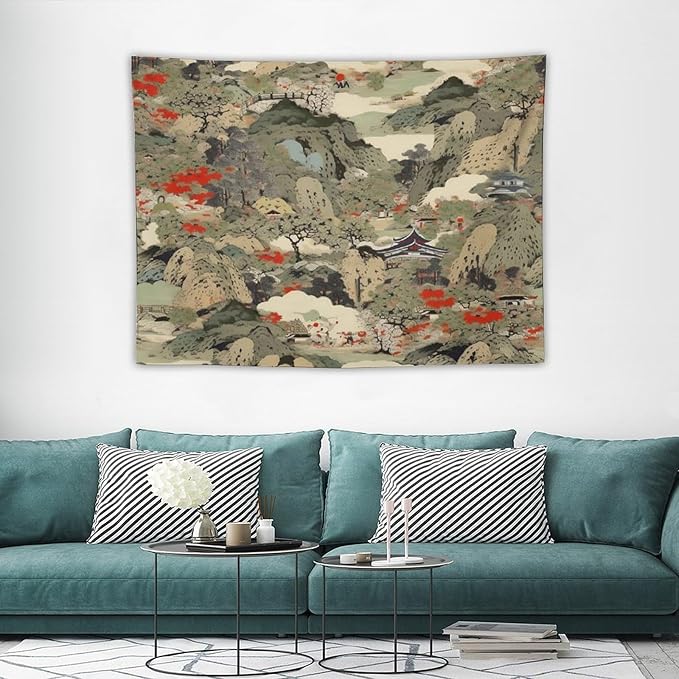 Asian Tapestry, Japanese Red Landscape, Bedroom & Living Room Decor, 40"x30"