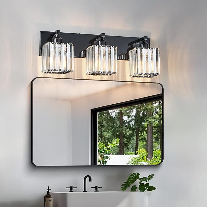 Modern Bathroom Vanity Light 3-Lights Plating Black Crystal Bathroom Wall Light Vanity Light Fixtures