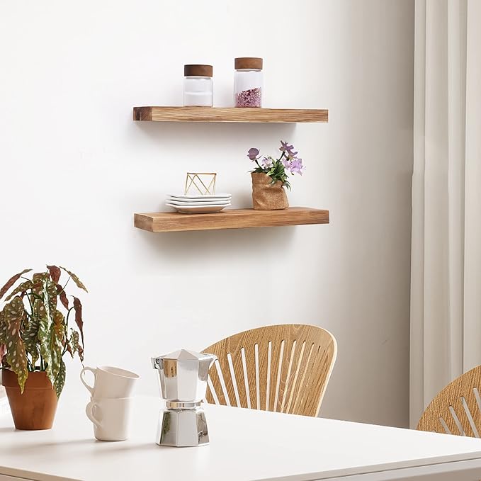Fun Memories European Pine Floating Shelves for Wall, Mounted Shelf for Decor Storage Set of 2 - Natural Rustic Wooden Wall Shelf for Kitchen Bathroom Living Room Bedroom Farmhouse - Carbonized