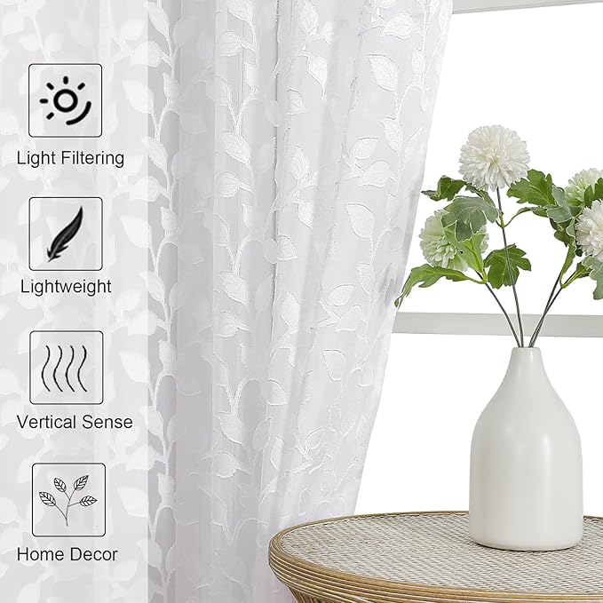 Chyhomenyc White Short Curtains 45 Inch Length 2 Panels, Light Filtering Leaf - Image 3