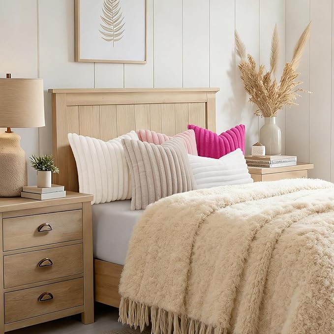 decorUhome Fall Faux Fur Throw Pillow Covers 24x24 Set of 2 Cream White | - Image 6