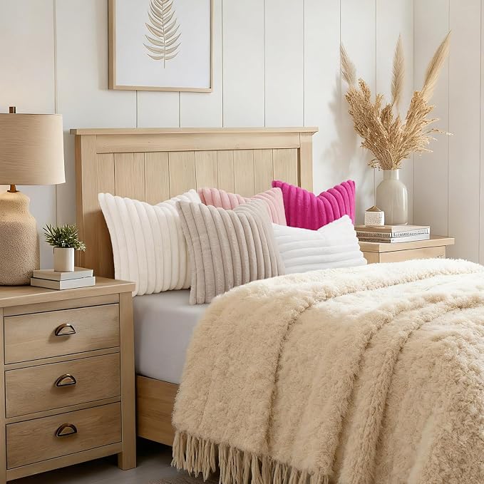 decorUhome Fall Faux Fur Throw Pillow Covers 18x18 Set of 2 White | Decorative - Image 8