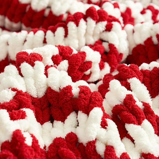 Amélie Home Chunky Knit Blanket Throw, Thick Soft Yarn Chunky Throw 50x60, Handmade Chenille Cable Knitted Crochet Throw Blanket, Warm Rope Knot Blanket for Couch Bed Sofa, Red White Stripe