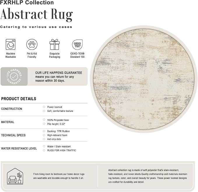 Round Area Rug Living Room: 5 ft Modern Washable Indoor Carpet | - Image 2