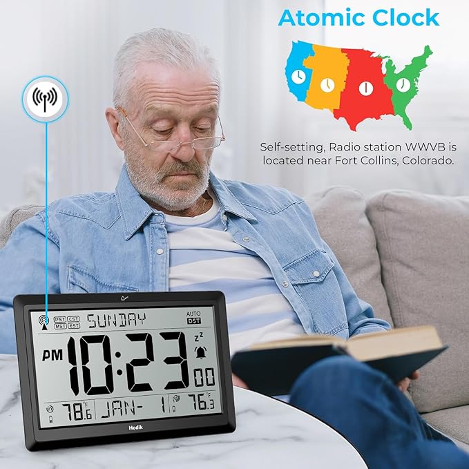 Wall Clock Atomic with Indoor Outdoor Temperature Battery Powered, Easy Reading with 10.5 Inch Large LCD Display, 330FT Range Table Wall Clock with DST, 12/24 Hour for Living Room Kitchen (Black)