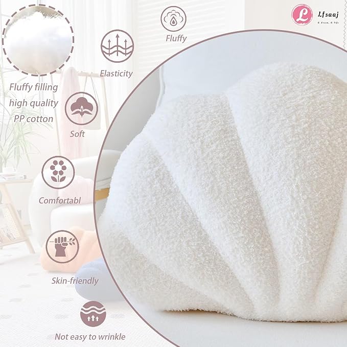 Seashell Throw Pillows, Shell Shaped Throw Pillows, 18 Inch Soft Home Decorative Pillow Plush Cushion for Bed Couch Living Sofa Room Decor Accent Throw Pillow (Ivory 18Inch)