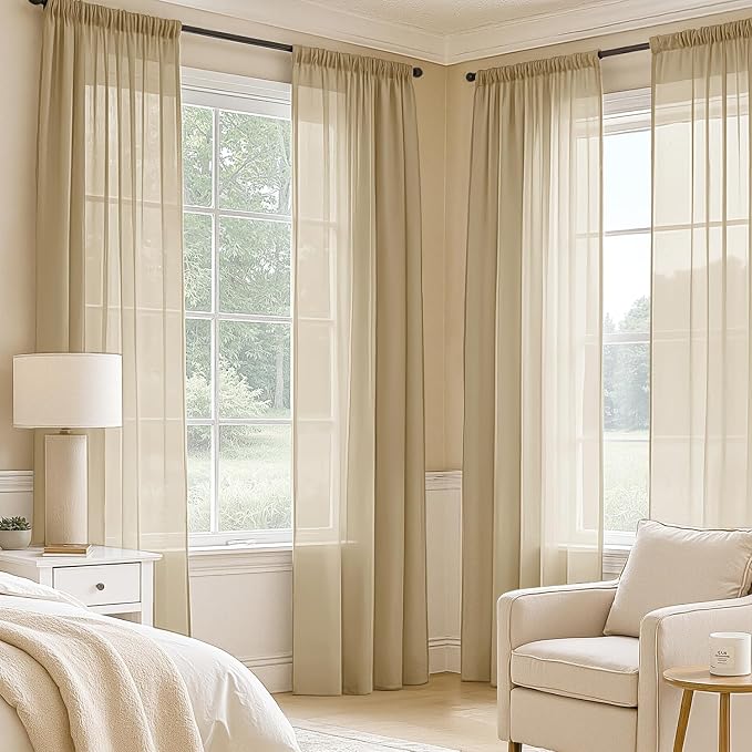 MIULEE Beige Sheer Curtains 102 Inches Long 4 Panels 42 x 102 Inches | Light - Image 2