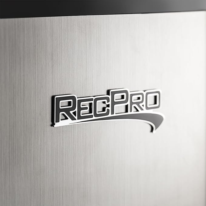 RecPro 3.3 Cu Ft 12V RV Refrigerator | Stainless Steel Frost-Free Fridge with Can Holder | Compact Camper Fridge with Door Storage, 7 Temp Settings | 19”W x 19”D x 32.75”H