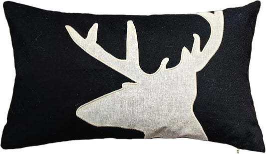 Lumbar Pillow Covers 12x20 Inches Black Decorative Cotton Linen Deer HeadThrow Lumbar Waist Embroidered Cushions Covers for Couch Sofa Bedroom