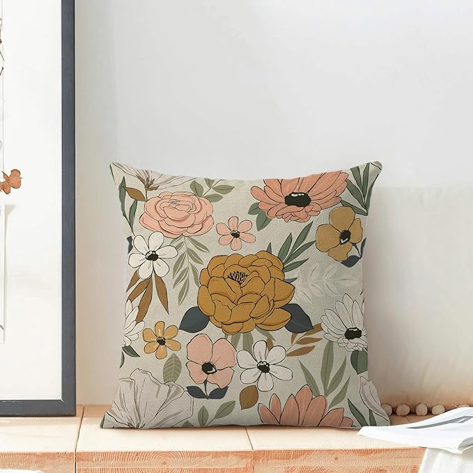CXMEIFLY Spring Floral Pillow Covers 18 x 18 Inch Set of 2 for Vintage Mustard Yellow Pink Flowers Decor Throw Pillows Plant Cream Outdoor Decorative Cushion Cases for Couch Bed Decorations