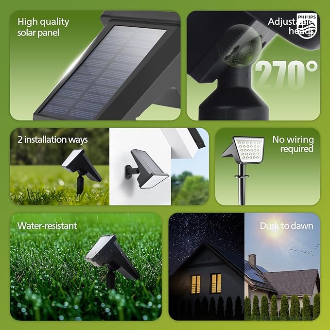 Philips 4 Packs Solar Spot Lights Outdoor Waterproof, 28 LED 7500K Solar Powered Landscape Pathway Lights, Dusk to Dawn Solar Spotlights for Garden, Yard, Lawn, Walkway, Driveway