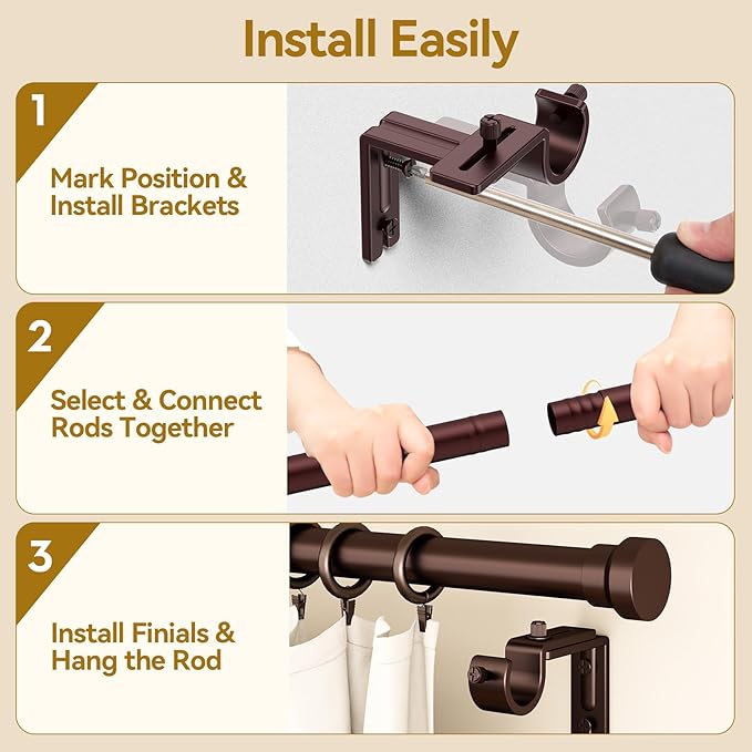 YaFex Curtain Rods 32-144 Inch, Heavy Duty 1 Inch Adjustable Curtain Rod - Image 8