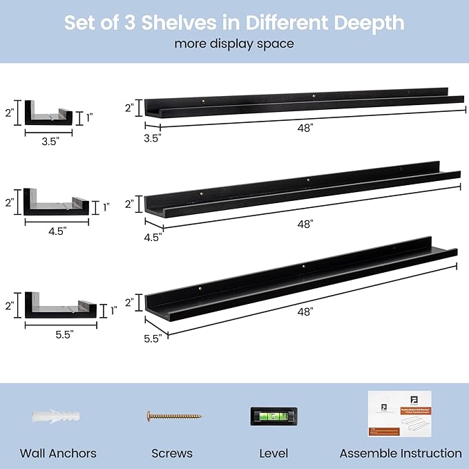 Picture Ledge Wall Shelves 48 inches Width Set of 3, Solid Pine Wood Rustic Floating Ledge Shelves for Wall for Kids' Room Bedroom Kitchen Bathroom Long Floating Shelves for Wall Decor, Black