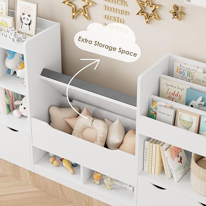 FOTOSOK 72” Kids Bookshelf with Reading Nook, Large Toy Storage Organizer with Seat Cushion and 3 Movable Drawers, Kids Reading Nook Toy Organizers and Storage with Bench for Living Room, White