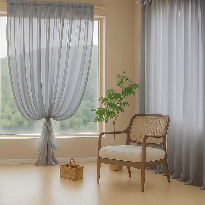 Grey Sheer Curtains 63 Inch Length 2 Panels, Voile Sheer Curtain - Image 8