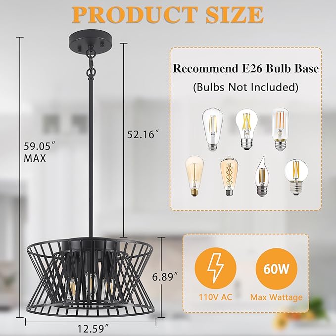 3-Lights Black Pendant Light Vintage Geometric Chandelier Light Fixture Adjustable Metal Lighting Fixtures for Kitchen Room Dining Room Foyer