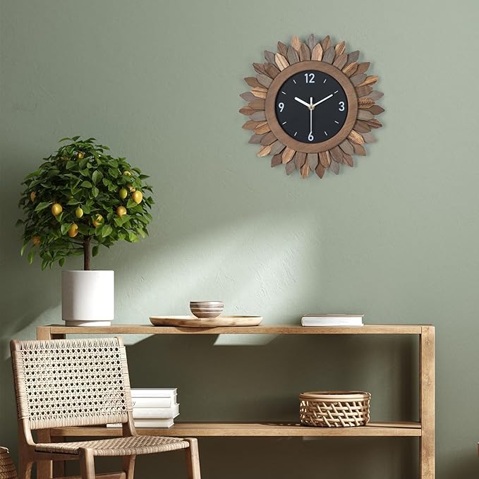 Honiway Wall Clock Battery Operated 12 in Rustic Wood Boho Sunburst Decorative Wall Clock Silent Non Ticking Farmhouse Small Wall Clocks for Living Room Kitchen Bathroom Bedroom Decor (Tricolor)