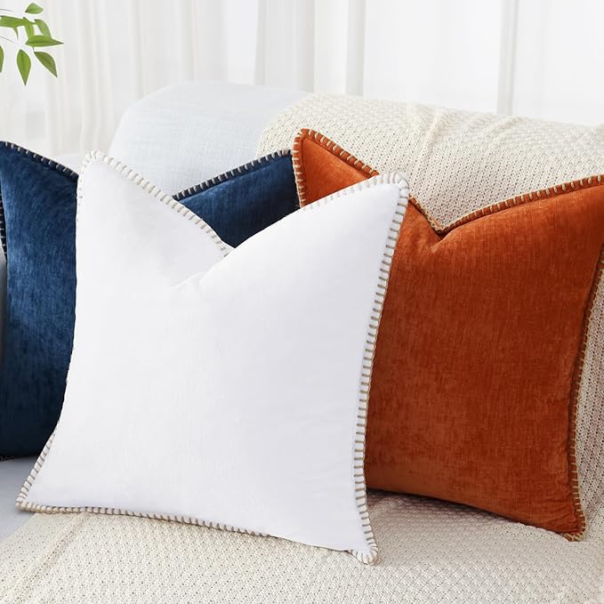 decorUhome Chenille Soft Throw Pillow Covers 26x26 Set of 2, Farmhouse Velvet Neutral Decorative Euro Pillow Covers with Stitched Edge for Couch Sofa Bed Home Decor, White
