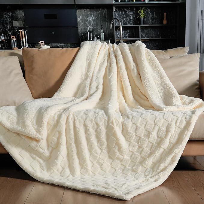 Pawque Super Soft Cozy Throw Blanket for Couch Bed - Fluffy Sherpa Fleece Reversible Thick Warm Fuzzy Blanket for All-Season, 3D Checkered Jacquard Elegant Decorative Blankets, Cream White, 50" x 60"
