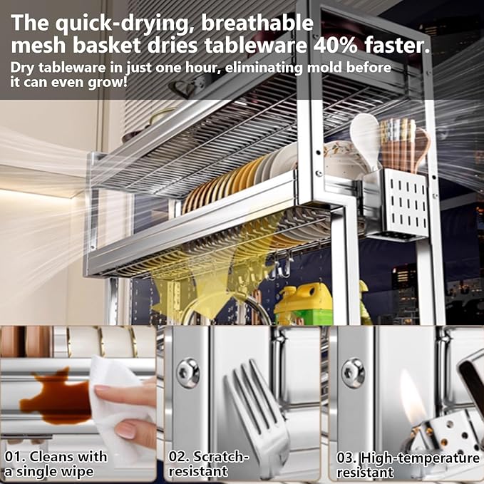 Kitchen Sink Rack Sink Above The Dish Drain Dish Washing Rack Stainless Steel Multifunctional Dish Storage Rack,Over The Sink Drying Rack for Dishes(1,55cm/21.7in)