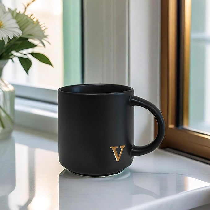 COLLECTIVE HOME - Black Monogram Ceramic Mugs, 15 oz Golden Initial Coffee Cups, Elegant Alphabet Tea Mugs, Personalized Halloween Mug with Gift Box, Perfect for Office and Home Décor (v)