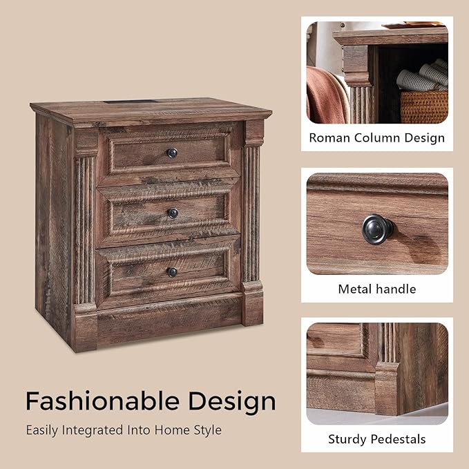 26" Tall Farmhouse Nightstand Set of 2, 3 Drawers End Table w/Charging Station, 23.6" Wide Large Side Table w/Roman Column, Wood Rustic Sofa Table for Bedroom, Light Brown