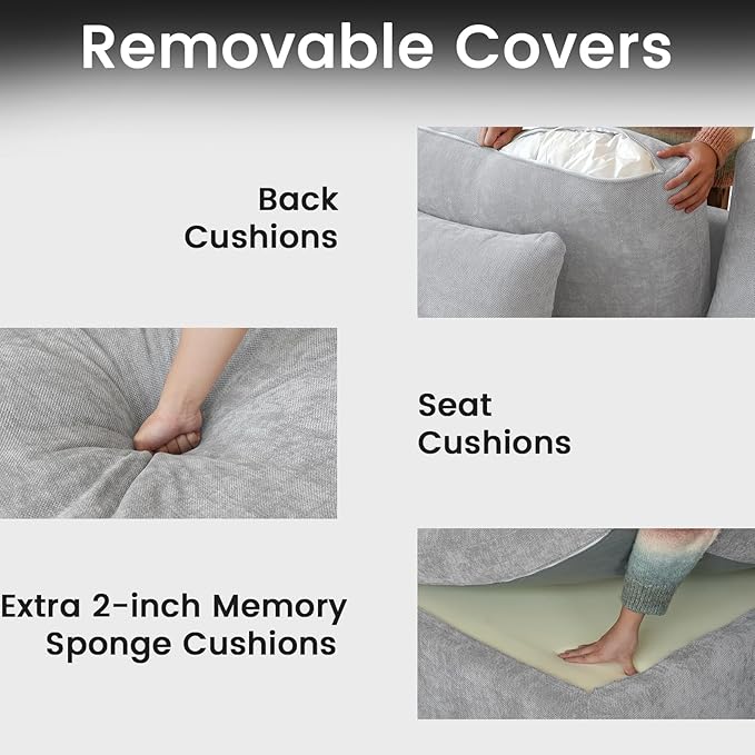 JACH U Shaped Sectional Couches, Cloud Sectional Couch with Deep Seat, 119" Down Filled Modular Sofa with Chaise, Covers Removeable & Washable, Sofas Furniture for Living Room, Light Grey