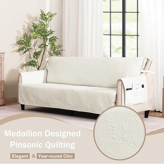 Stay in Place Ivory White Quilted Loveseat Couch Cover - Image 8