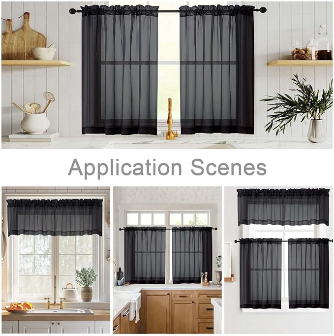 Black Kitchen Curtains 30 Inch Length Tier 2 PCS, Solid Soft Airy Half Curtains - Image 6