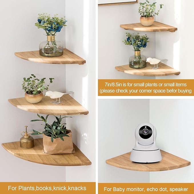 Corner Shelves, Floating Corner Shelf, Set of 2 16inch Solid Oak Wood Wall Shelves, Round End Wall Mount Display Shelf with Wire Hole for Bedroom Kitchen, Living Room