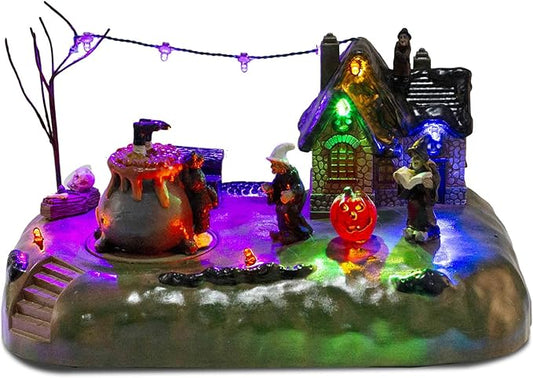 Halloween Village Witch Cauldron Bubble Figurine with Lit House Spooky Town Indoor Decoration Accessories for Holiday Display, Battery Operated