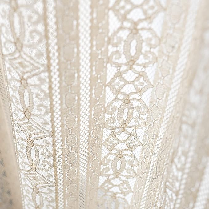 Sutuo Home Boho Curtain Crochet Lace Semi-Sheer Florals Hollow Knitted Handmade Tassels, Rod Pocket Window Treatment Vintage Rustic Farmhouse Drapes for Living Bedroom, 1 Panel 59" W x 108" L, Beige