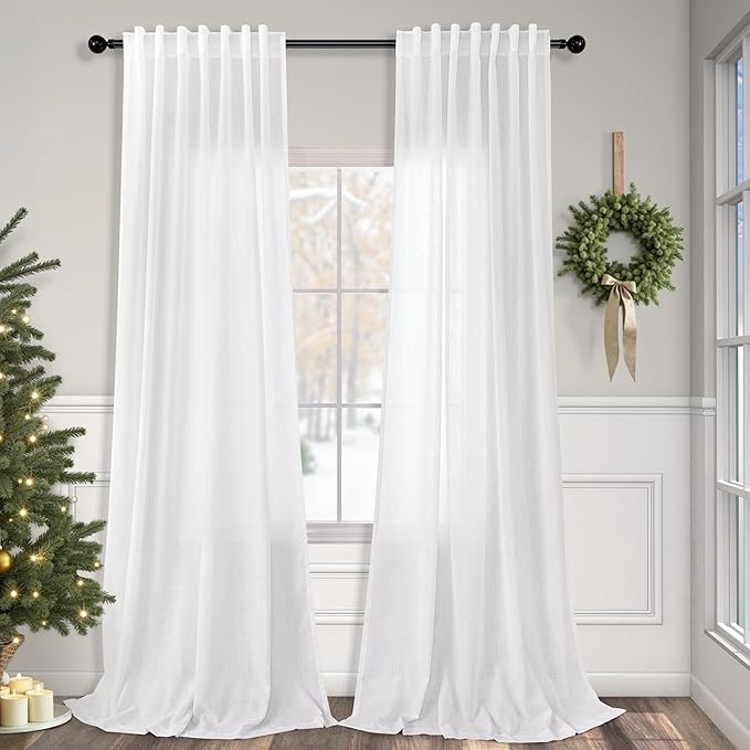 Pitalk White Back Tab Linen Curtains 94 Inches Long 2 Panel Set by Pitalk