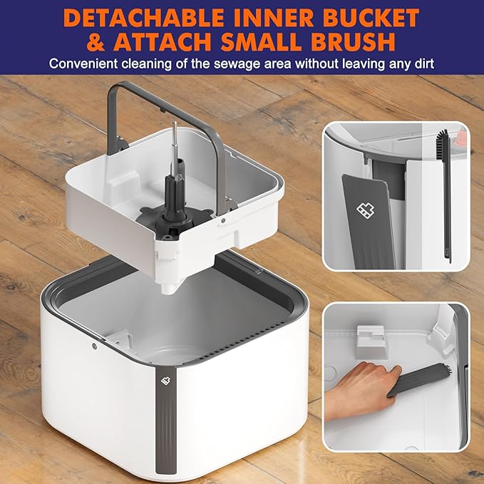 Upgraded Self-Standing Spin Mop and Bucket System, Detachable Inner Mop Bucket That Separates Dirty Water & 90° Foldable Head, Triple-Scrubbing System, for Hardwood Floors - White with 2 Pads