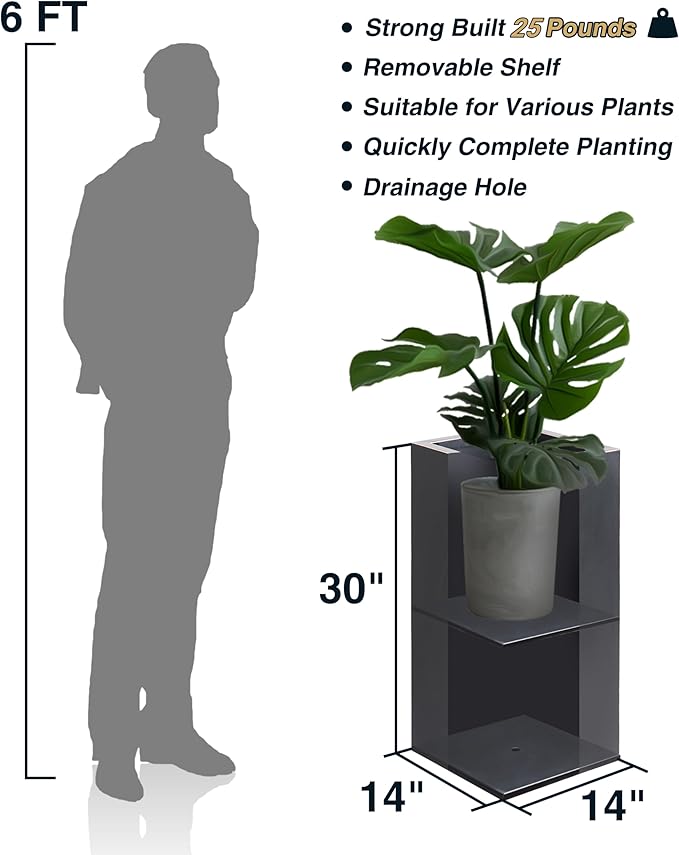 Metallic Heavy Tall Outdoor/Indoor Planter Box, Seamless Metal Planter, Rectangular, 14”Lx14”Wx30”H, 25 Pounds, Dark Gray, No Assembly, 1 Pack
