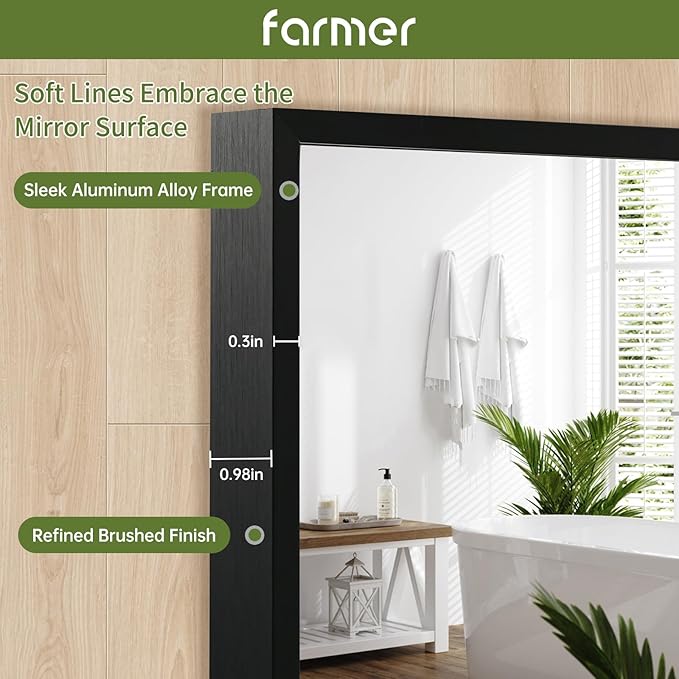 FARMER 26x38 Inch Black Bathroom Mirror, Rectangle Wall Mounted Mirror, Vanity Mirror, Brushed Square Mirror, Framed Bathroom Mirror for Bedrooms, Entryways, Living Rooms, Horizontal/Vertical