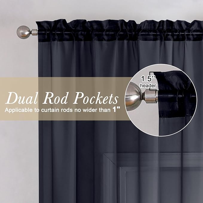 Black Sheer Curtains 45 Inch Long 2 Panels, Short Voile Drapes - Image 2