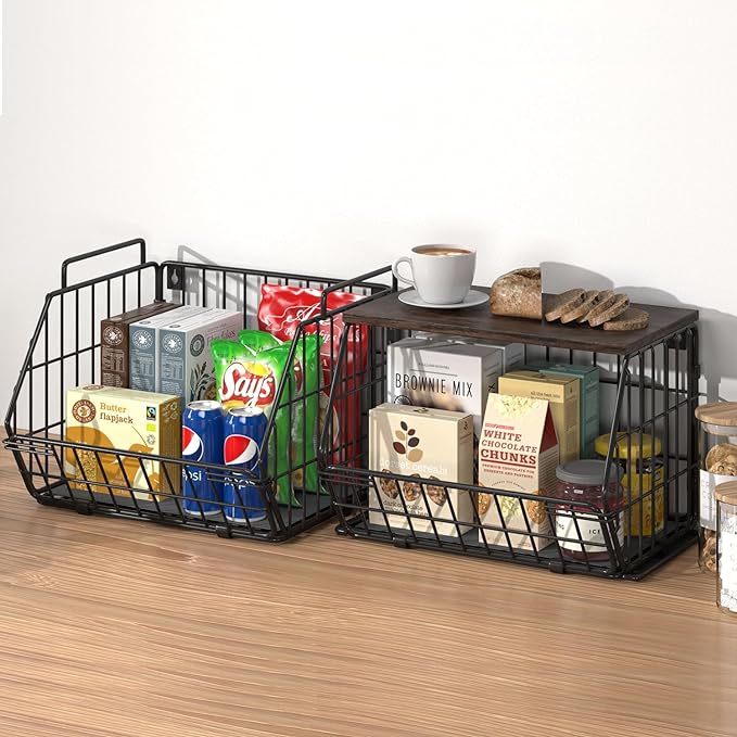 Wetheny 2 Tier Stackable Wall Mounted Wire Basket Fruit Basket with Wood Lid - Kitchen Pantry Organization and Storage, Hanging Storage Basket for fruits, Onion, Potato, Produce, Vegetable (Black)