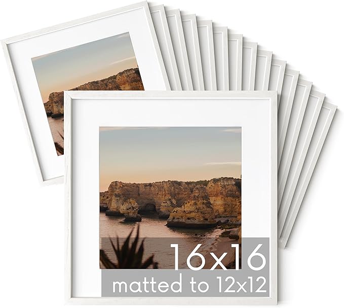 HAUS AND HUES Square Picture Frames - Set of 15, Wooden 16x16 Frames with Mat, White Oak Finish