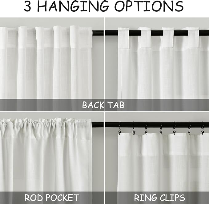Ivory Linen Sheer Curtains 54 Inch Length 2 Panel Set Back Tab Rod Pocket Semi - Image 3